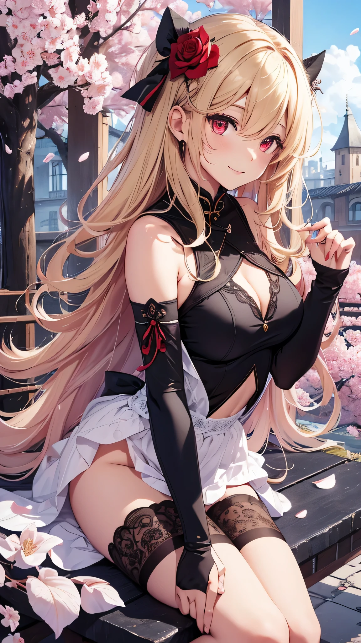 最high quality、best image quality、masterpiece、girl((18-year-old、 By becoming、vest bust、medium bust,wide open breast tea、red glowing eyes, blonde、messy hair、long hair、thin,highest valley、Show the whole body、black cheongsam、open chest、black wristband、red high heels、sexy、smile、Leaning forward、rose hair ornament)),high quality、beautiful art、background((Bright Town、cherry blossoms、beautiful blue sky))、Flight、debris flies、Depth of written boundary、movie、visual art、perfect art、8K,genuine、