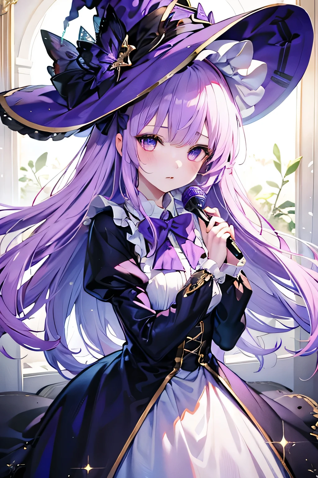 alone,1 girl,
((Purple flat witch hat)),
Beautiful purple hair,
gradient hair, 
light purple eyes,
((One purple bow tie)),
((elegant and understated fabrics)),
(Purple off-shoulder shirt: 0.4),
(highest quality),(4k), [Very grand and detailed CG painting]!!,
