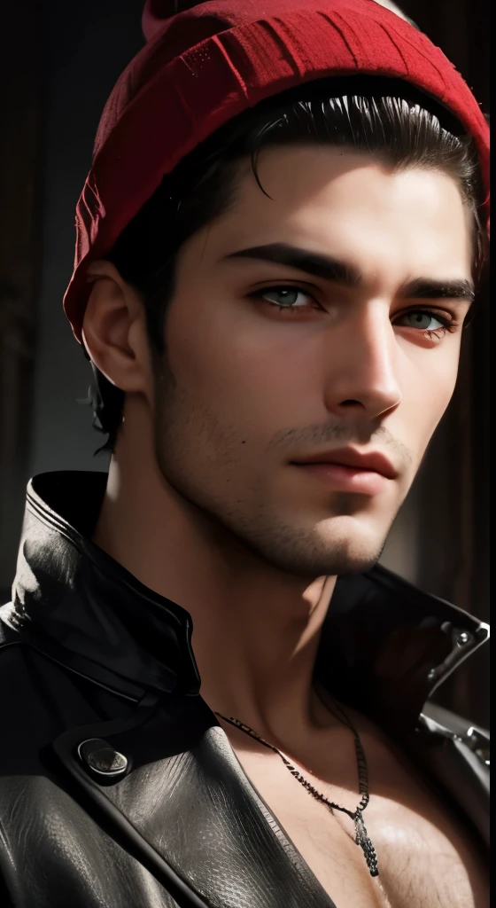 A stunning high-resolution portrait of a handsome man with piercing red eyes, seu rosto habilmente renderizado com detalhes intrincados e um toque profissional.