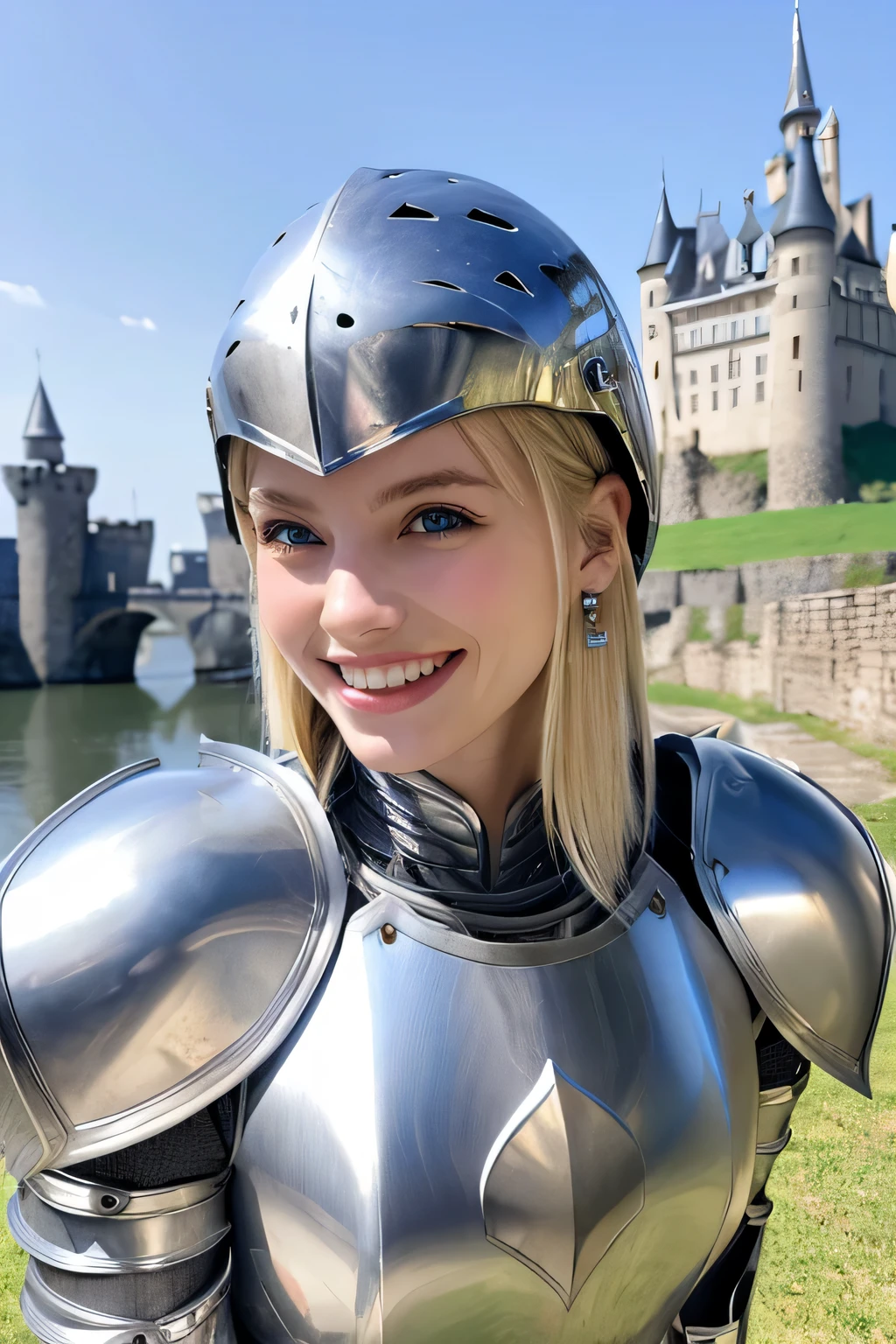 8K、highest quality、female knight、The background is a castle、Luxurious Silver Armor、、hairstyle short cut、smile、beautiful teeth、full body photo、ear piercing、blonde、white woman、blue eyes、Knight helmet covering the head
