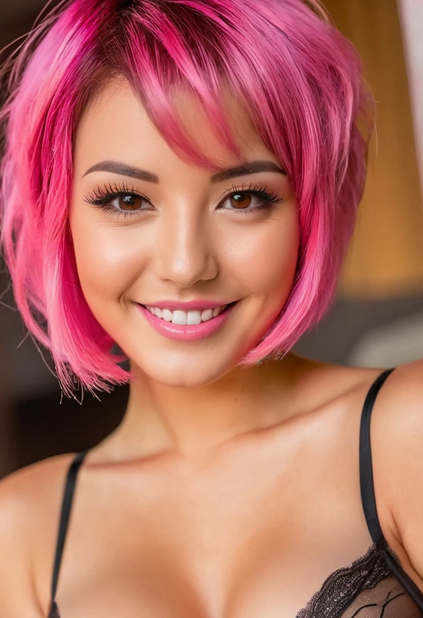 She has a bright pink short hairstyle, brown eyes, a lovely smile, a small face, a G-cup, a sexy body, and is wearing sexy underwear.