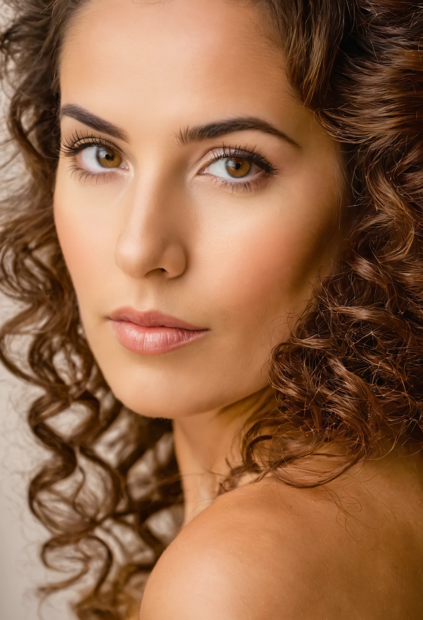 linda mulher, (Sardas), Olhos de rubi, cabelo longo e encaracolado, maquiagem escura, fotografia hiperdetalhada, Luz suave, Portrait of head and shoulders, cobertor