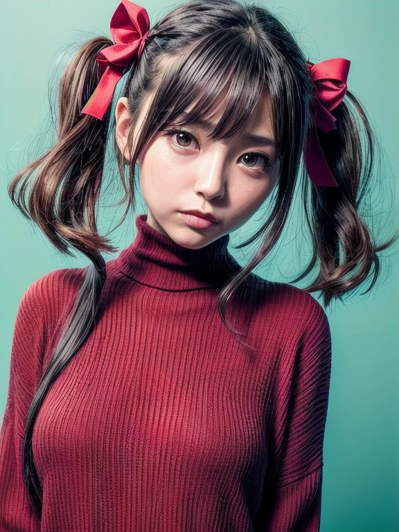 1girl, tohsaka rin, solo, long hair, sweater, red sweater, looking at viewer, blue background, black hair, simple background, two side up, turtleneck, blue eyes, lips, closed mouth, ribbon, hair ribbon, bangs, turtleneck sweater, upper body, parted bangs, black ribbon, ribbed sweater, twintails, nose,