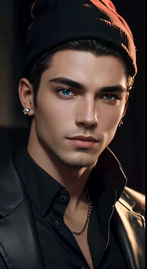 A stunning high-resolution portrait of a handsome man with piercing red eyes, seu rosto habilmente renderizado com detalhes intrincados e um toque profissional.