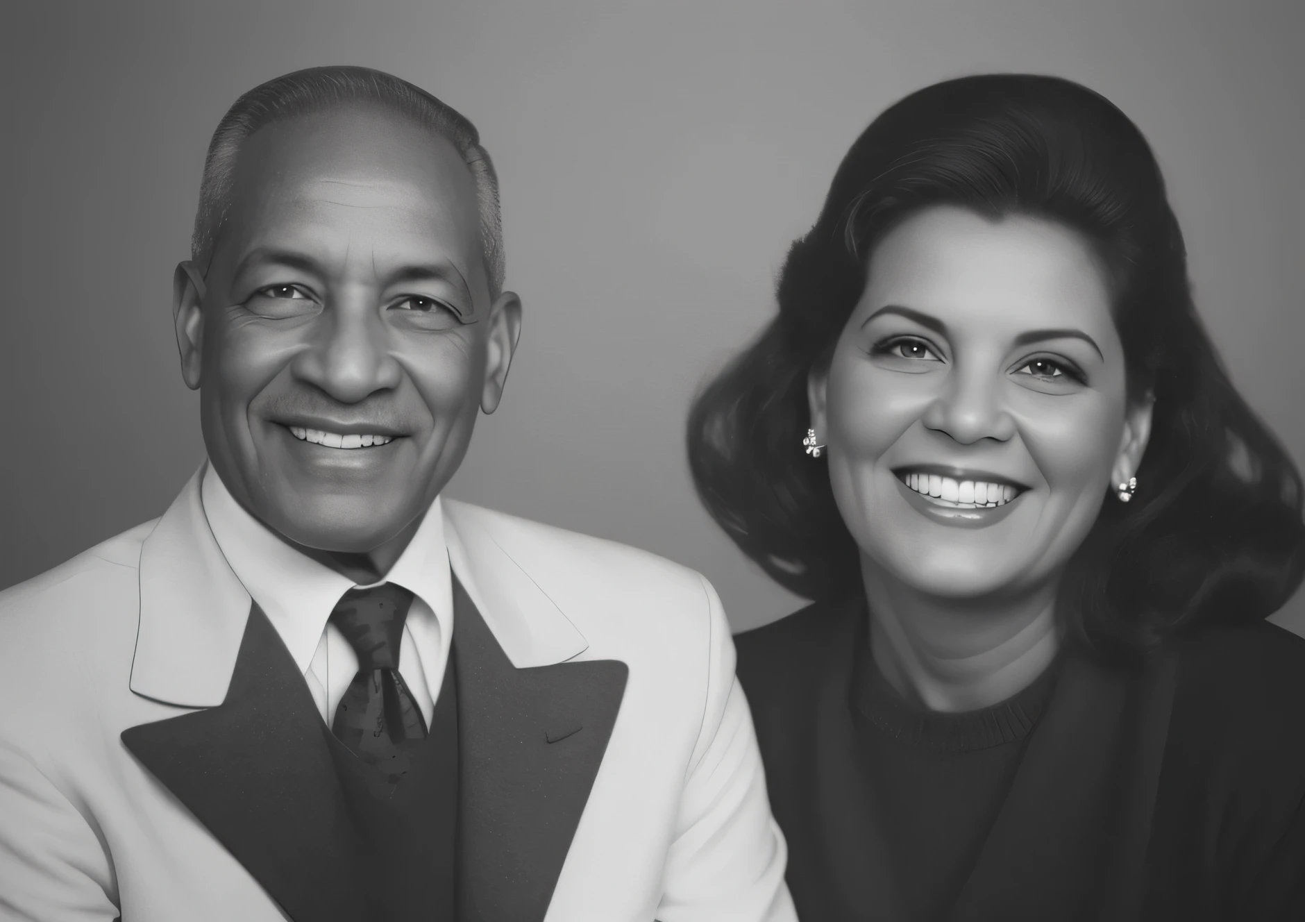Black and white photo of a man and woman smiling., retrato de dos personas, Mom and Dad, retrato de parejas, retrato de pareja, portrait photography, una vieja foto en blanco y negro, classic portrait, Foto temprana en blanco y negro., retrato historico, foto historica, foto restaurada, foto fija, por Dan Frazier, old black and white photography