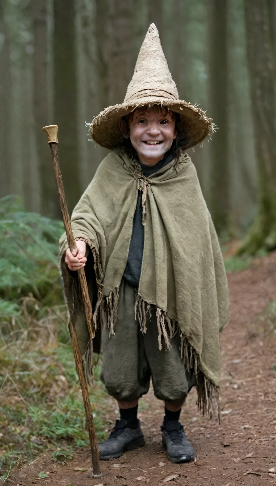 small being, dark skin, resembling a dwarf but with somewhat grotesque features. short stature, generally no taller than an average human , an unkempt and somewhat wild appearance, wears a string hat and a poncho, holding a cane. Its skin may be rough or coarse, and it has large, pointed ears, bright eyes, and a mischievous smile. in the middle of the forrest