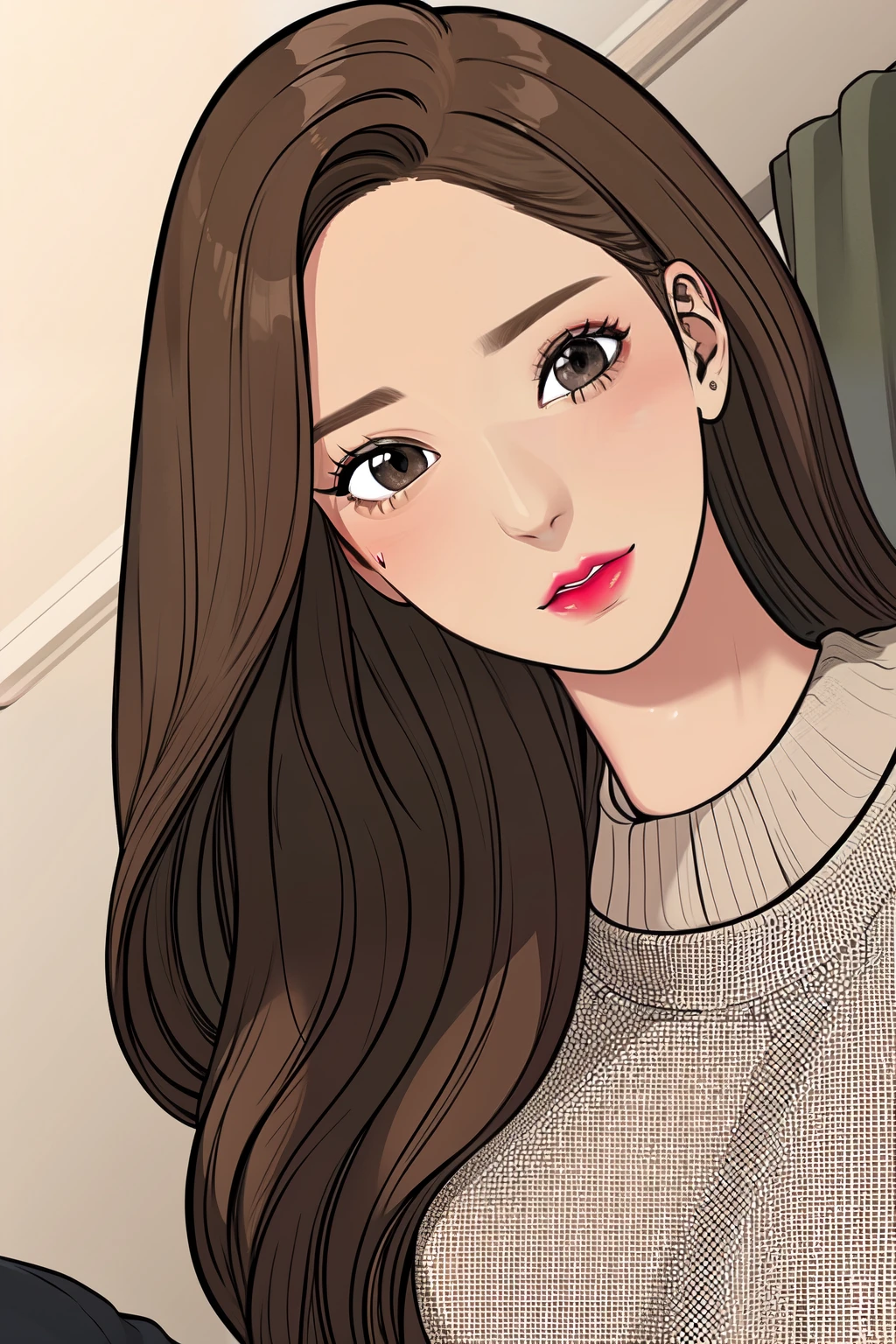Girl, long brown hair, gray eyes, sharp features, white skin, pink lips, sweater