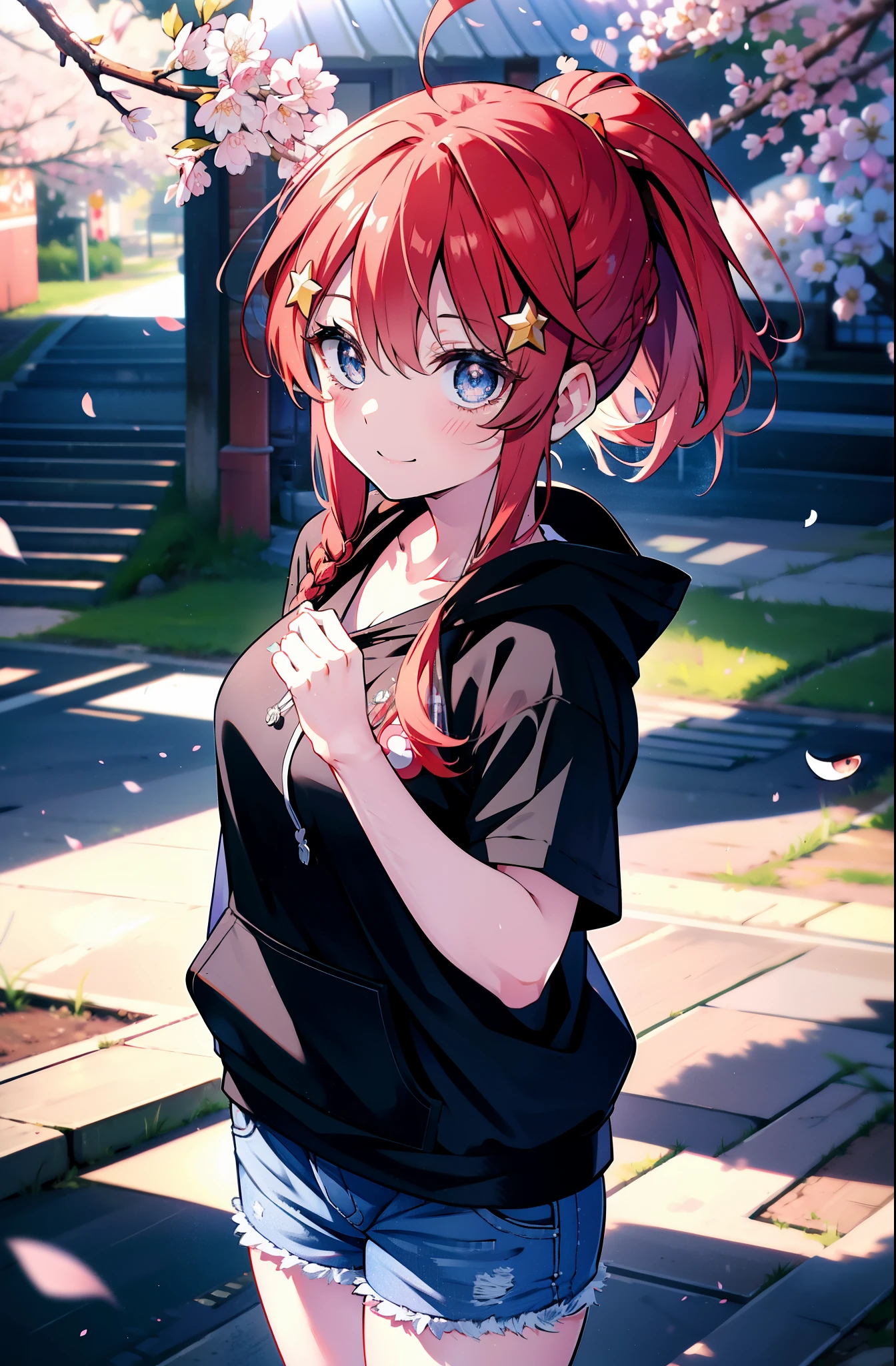 itsukinakano, Itsuki Nakano, bangs, blue eyes, Hair between the eyes, Ahoge, Redhead, star \(symbol\), hair ornaments, star hair ornaments,ponytail, smile, happy smile, smile, Open your mouth,Big Breasts,smile,Sweat,Wet Skin,Wet clothes,Sportswear,Bloomers,sneakers,whole bodyがイラストに入るように,running,Looking up from below,
break outdoors ,School,グラウンド
break looking at viewer, whole body,(Cowboy Shot:1. 5) ,
break (masterpiece:1.2), highest quality, High resolution, unity 8k wallpaper, (shape:0.8), (Beautiful details:1.6), Highly detailed face, Perfect lighting, Extremely detailed CG, (Perfect hands, Perfect Anatomy),