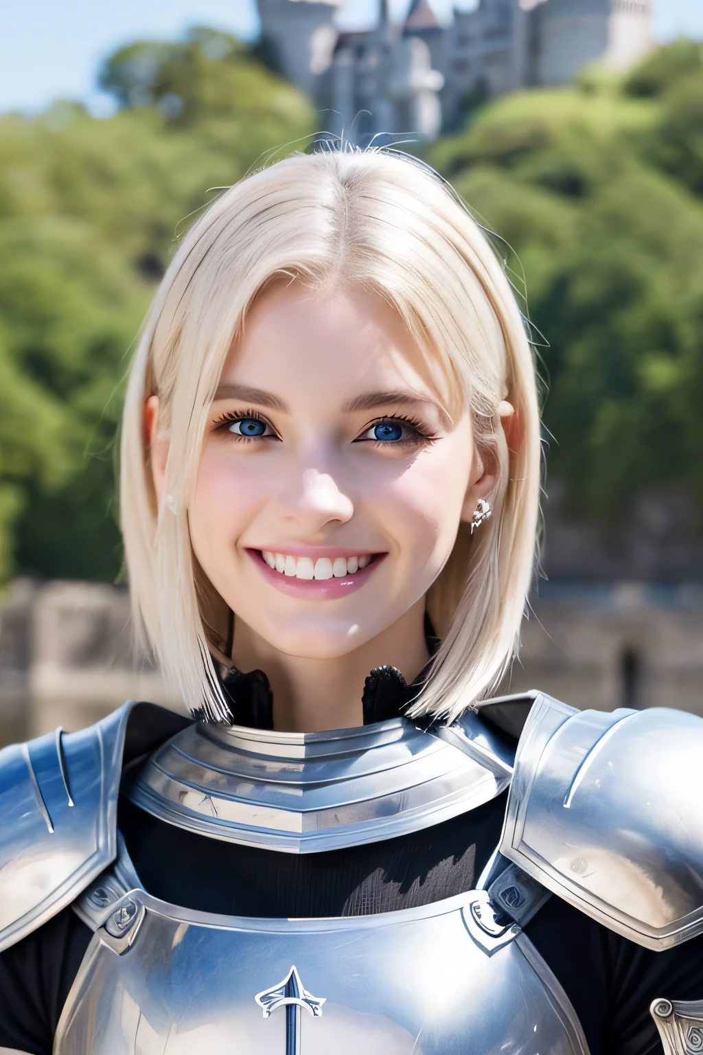 8K、highest quality、female knight、The background is a castle、Luxurious Silver Armor、hairstyle short cut、smile、beautiful teeth、full body photo、ear piercing、blonde、white woman、blue eyes、heavy makeup、Knight helmet covering the head