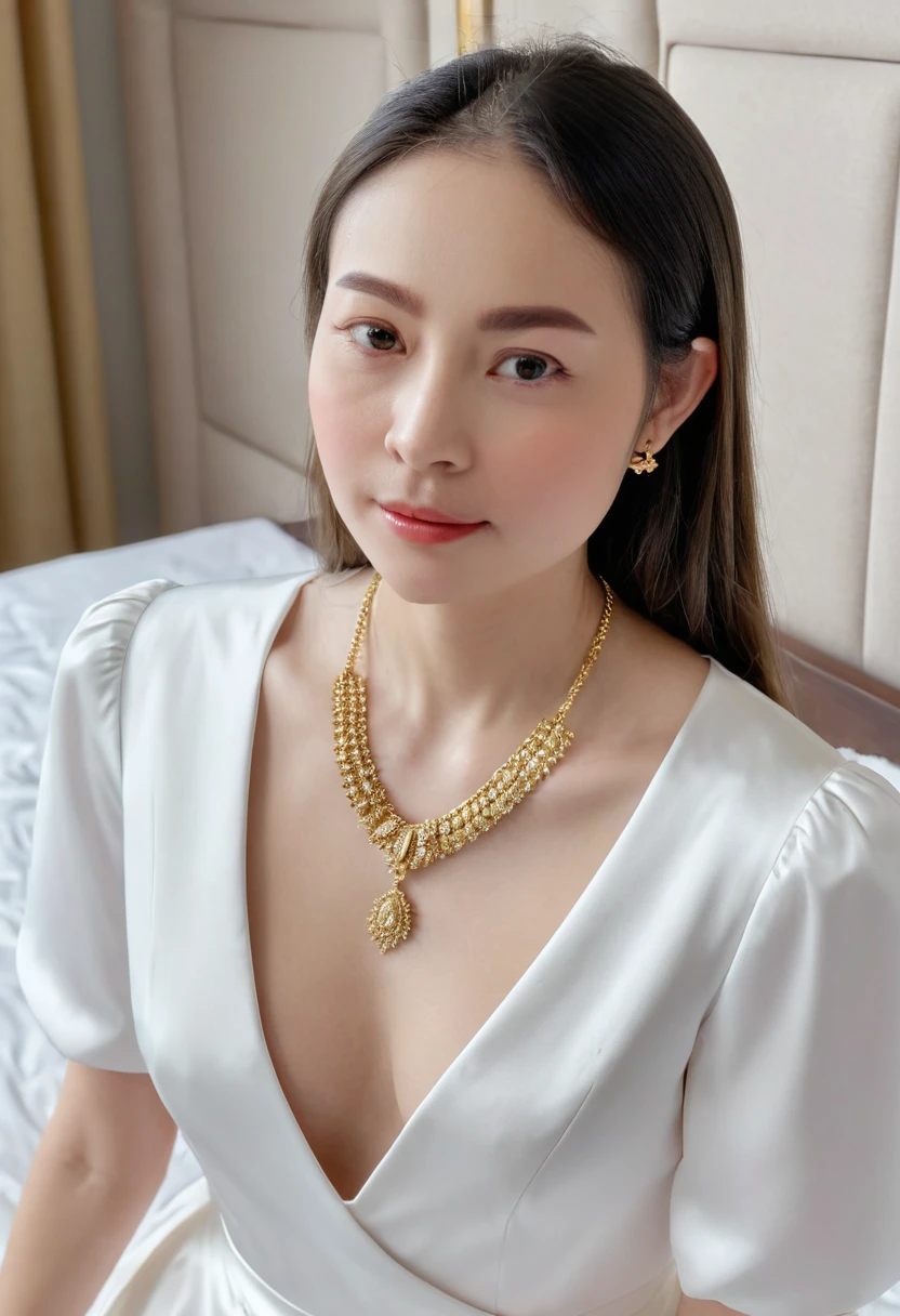 1 girl,8k, masterpiece,on bed, small gold necklace,white luxury dress