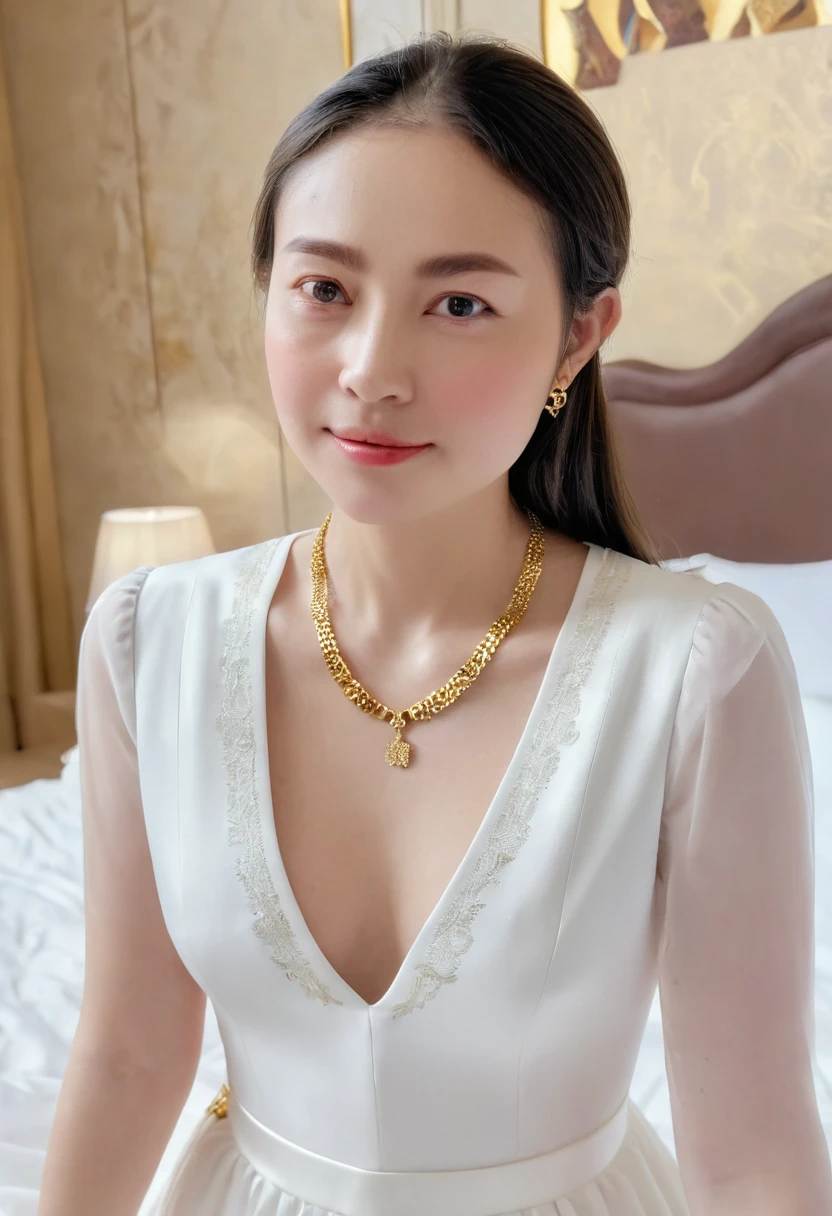 1 girl,8k, masterpiece,on bed, small gold necklace,white luxury dress