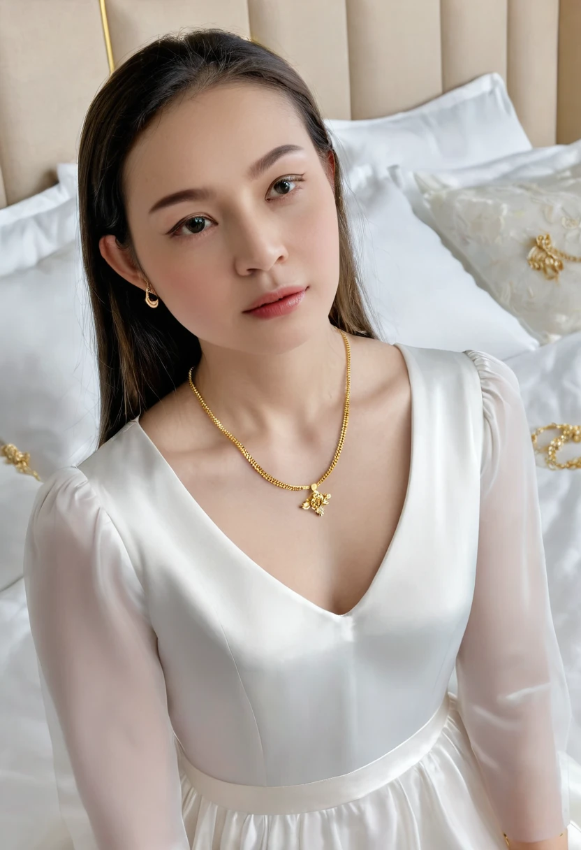 1 girl,8k, masterpiece,on bed, small gold necklace,white luxury dress