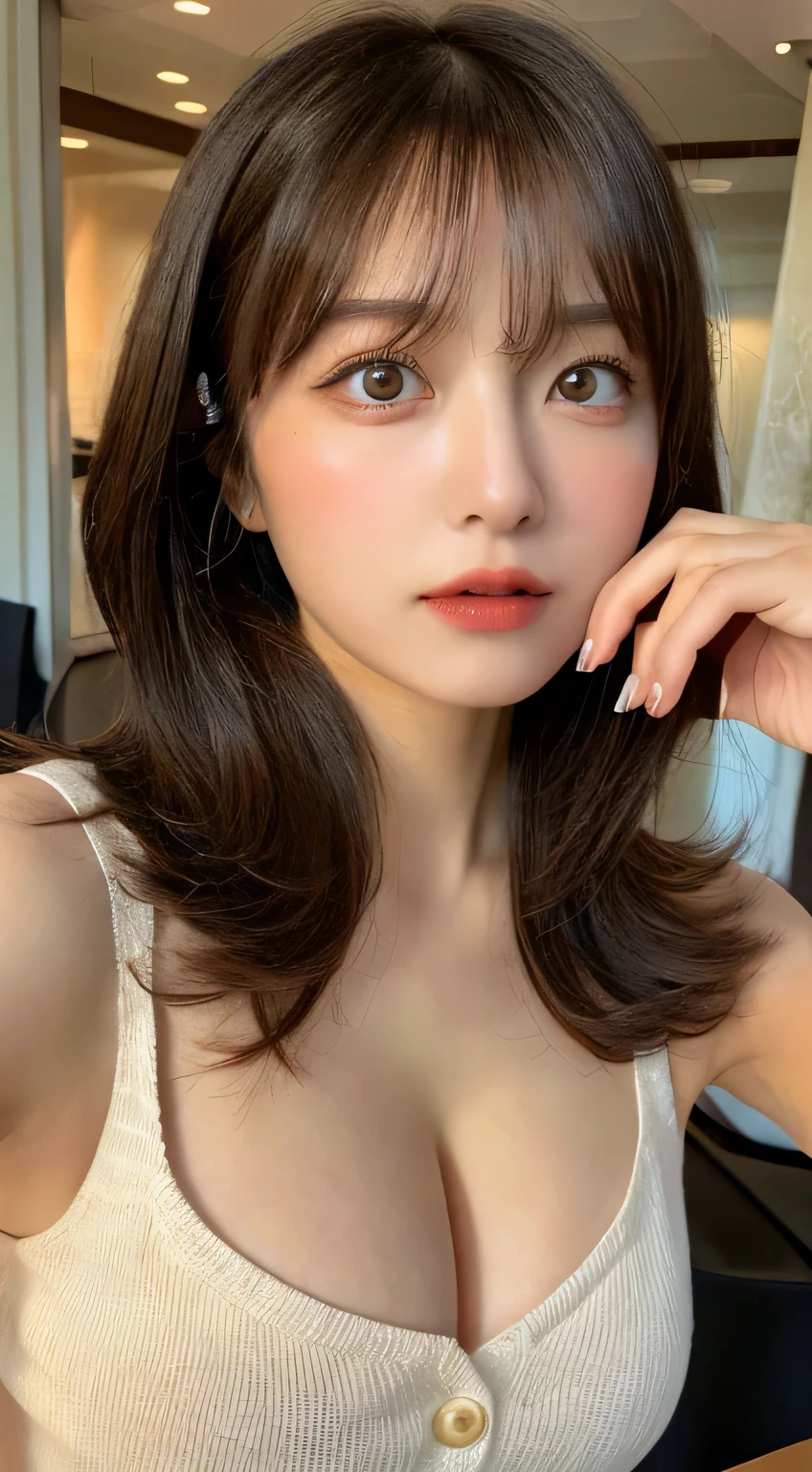table top, highest quality, figure, Super detailed, finely, High resolution, 8k wallpaper, Perfect dynamic composition figure, detailed and beautiful eyes, natural lip, sexy knit dress , big breasts, cleavage, random sexy pose, full body