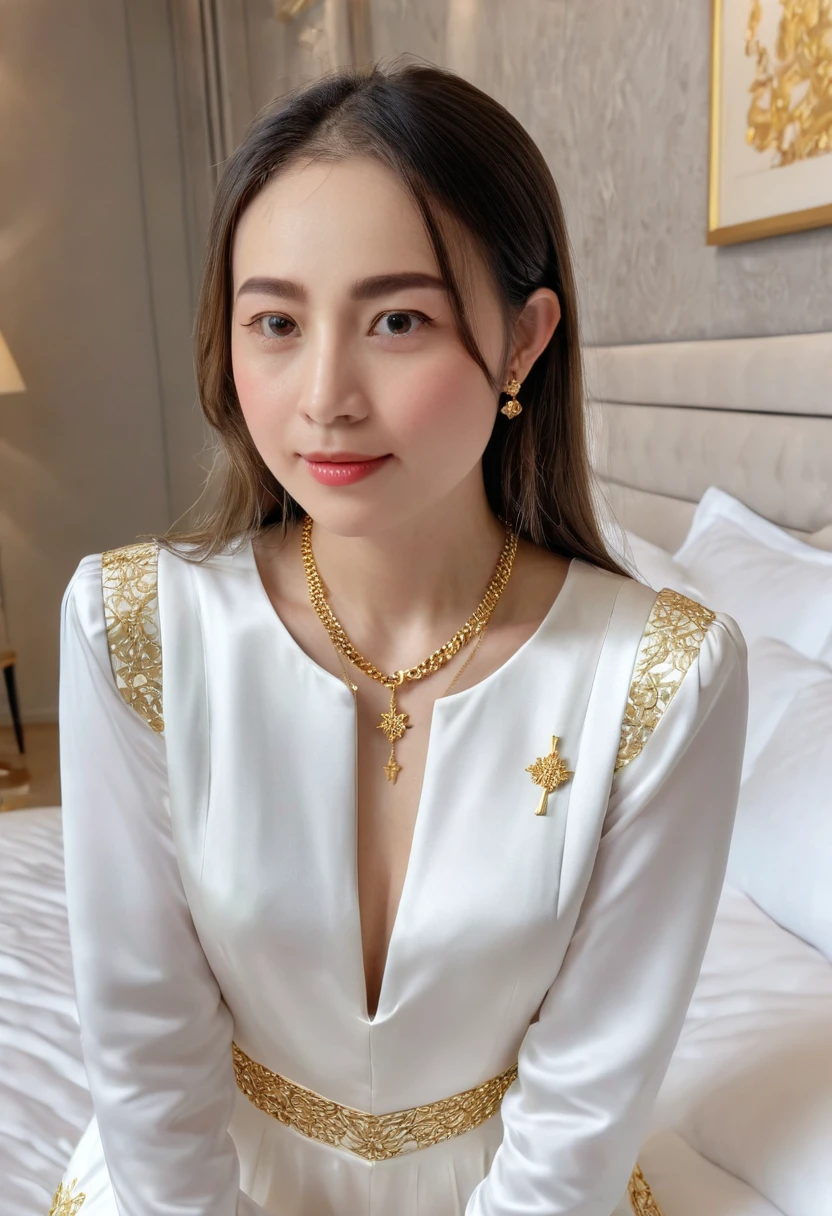 1 girl,8k, masterpiece,on bed, small gold necklace,white luxury dress