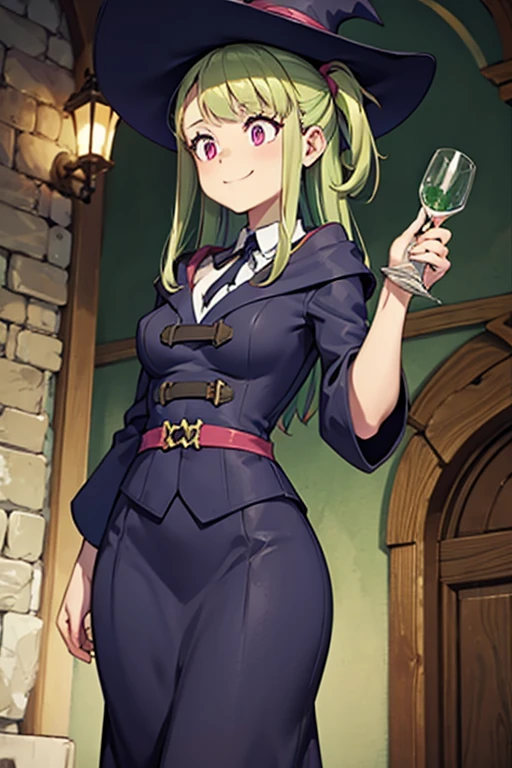 a light green haired female witch with pink eyes with an hourglass figure wearing a conservative Victorian dress is smiling with a potion in her hand