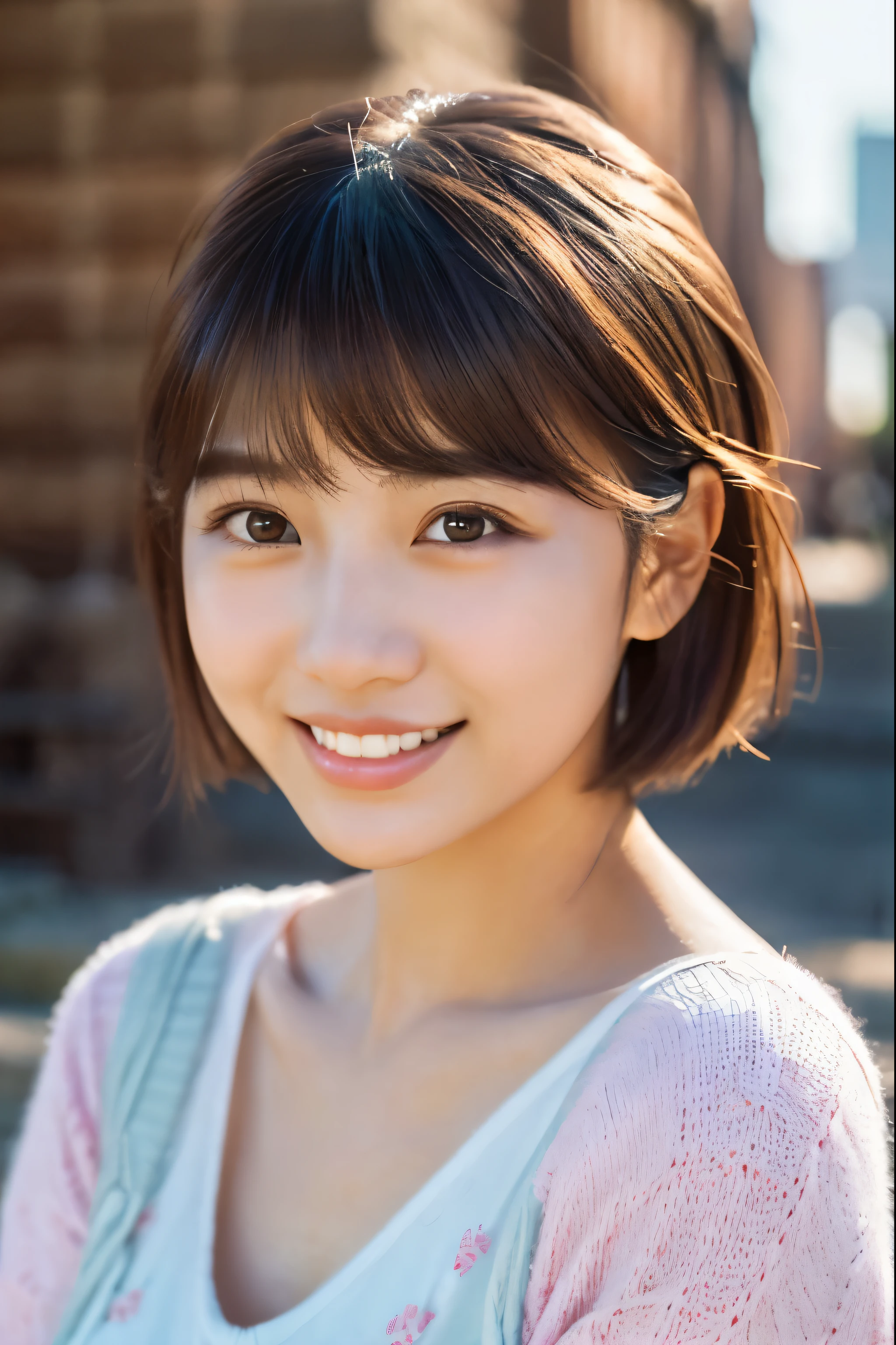 1 girl, (A spring-like look in pale pastel colors.:1.2), beautiful japanese actress, (semi short hair:1.3), young face, (Raw photo, highest quality), (realistic, Photoreal:1.4), masterpiece, very delicate and beautiful, very detailed, 2k wallpaper, wonderful, finely, very detailed CG Unity 8k wallpaper, Super detailed, High resolution, soft light, beautiful detailed girl, very detailed目と顔, beautifully detailed nose, beautiful and detailed eyes, cinematic lighting, break (Yokohama Brick Warehouse:1.3), perfect anatomy, slender body, (Happy, teeth), Face the front completely, looking at camera, from the waist up