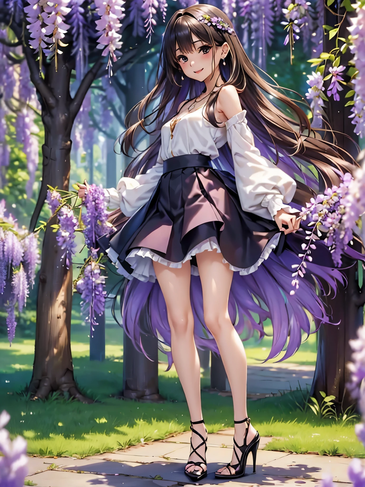 ((Biologically correct number of limbs))、(( from head to toe、Full body photo including face))、4K、((standing position))、masterpiece、((focus on the face))、((Symmetrical facial features))、Eyes with detailed description、Beautiful woman、outstanding style、beautiful arms、beautiful legs、beautiful hands、(small ass、thin thighs)、Detailed depiction of faces、small earrings、necklace、(uniform、skirt、high heels、stockings)、close up of face、A park with wisteria in full bloom、smile、