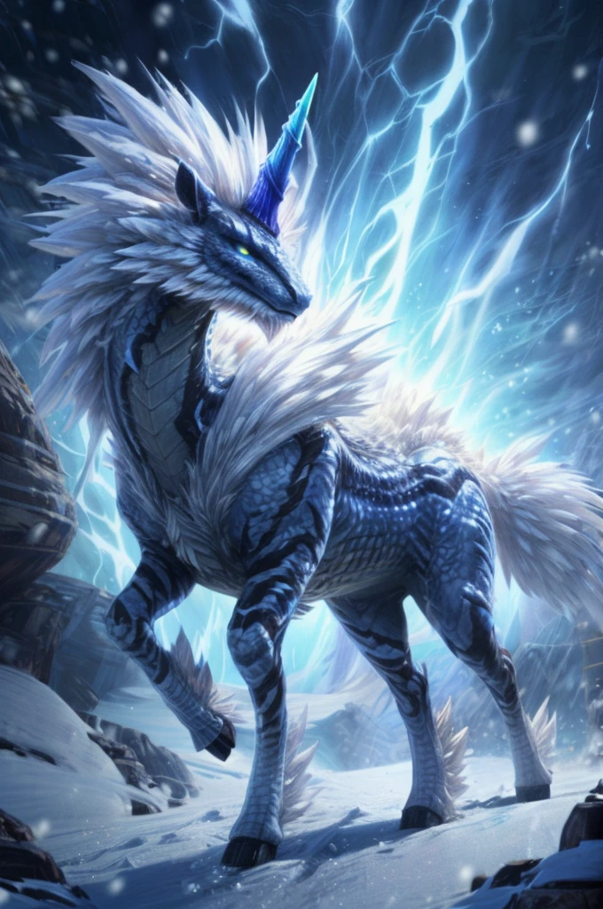 Furry art, beautiful furry art, masterpiece,breathtaking, one kirin walking in a snow montain, sparkles, thunders, snowstorm, kirin from monster hunter,(by pixelsketcher), cinematic, epic quality, scales, white fur, one blue horn, slim, 4 hooves, slim tail 