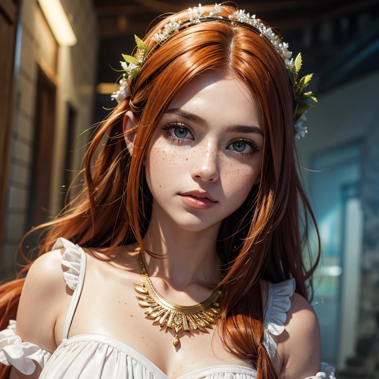 White skined young woman with freckles on her face. Green eyes. Long wavy hair. Bright reddish orange hair color . Wearing plain white dress in Greek Style. She has a fantasy-style gold accessory on her head 