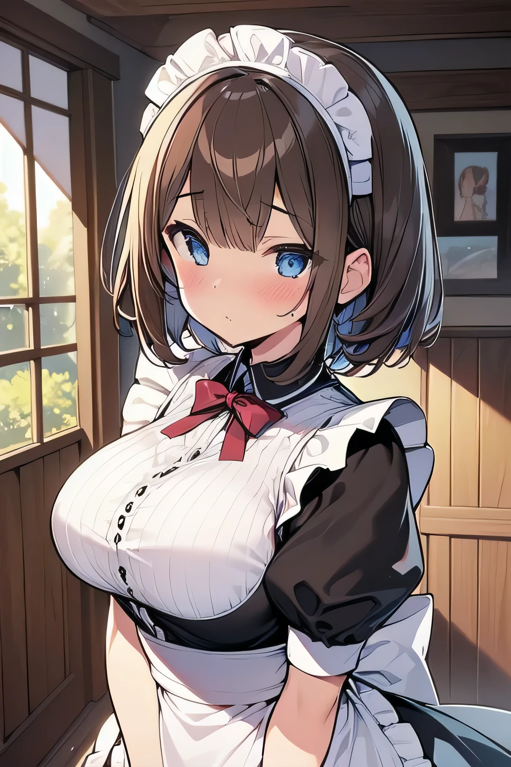 (best quality), (Super detailed), (Best Illustration), (detailed eyes), (1girl), upper body, look at viewer, (maid:1.2), (large breasts:1.2), curvy body, blush, brown hair, (bob cut), curly hair, hairs between eyes, twinkle(in the eyes), blue eyes, (indoor:1.3),