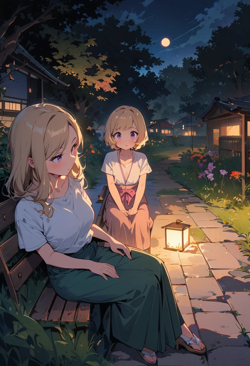 super quality, masterpiece, Japanese cartoons, 2d, Cartoon, Japanese art, Colorful Japanese comics, girl, Medium Blonde Hair and Lilac Eyes, Casual Wear, skirt, Blushed, night, dark lights, Star, moon, bench, trees, green, Grass, garden