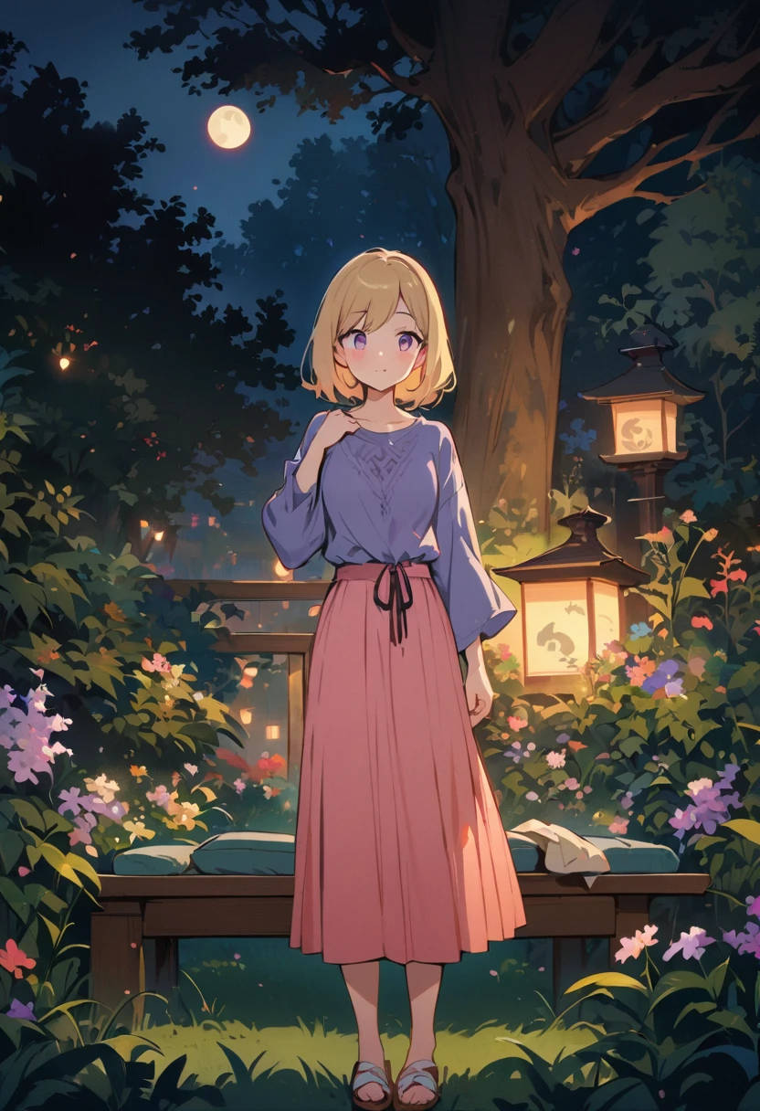 super quality, masterpiece, Japanese cartoons, 2d, Cartoon, Japanese art, Colorful Japanese comics, girl, Medium Blonde Hair and Lilac Eyes, Casual Wear, skirt, Blushed, night, dark lights, Star, moon, bench, trees, green, Grass, garden