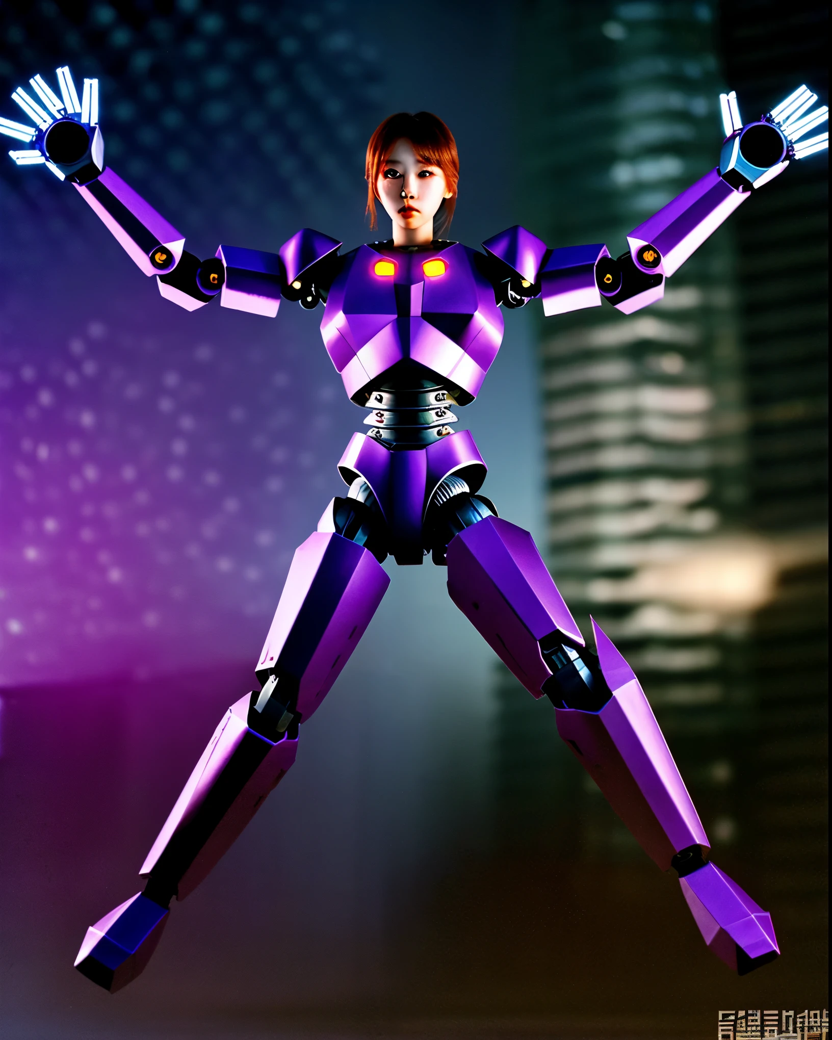 Evening background, black iron robot, doll robot, high performance, high quality, armed, sharp armed, thick armor, eyes purple, glowing purple, sharp eyes, rogue robot, sky in background,