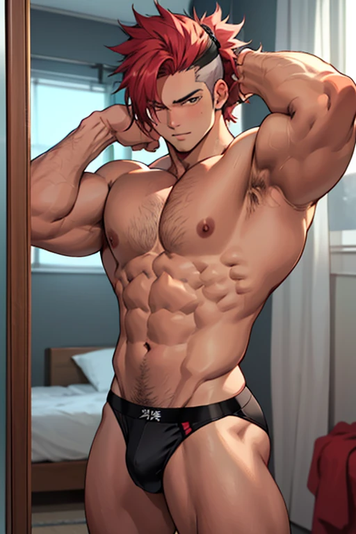 20 year old male bodybuilder anime character wearing a red bodybuilder thong with a mullet hairstyle with ash colored hair while taking a photo in a mirror in his room flexing his muscles with a suggestive look