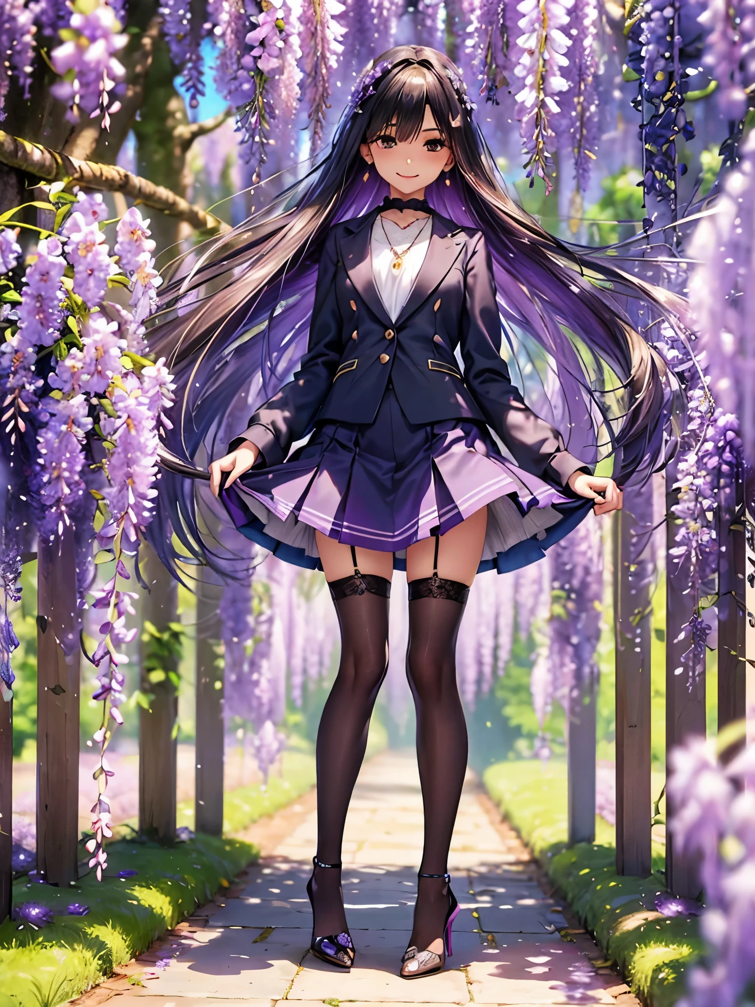 ((Biologically correct number of limbs))、(( from head to toe、Full body photo including face))、4K、((standing position))、masterpiece、((focus on the face))、((Symmetrical facial features))、Eyes with detailed description、Beautiful woman、outstanding style、beautiful arms、beautiful legs、beautiful hands、(small ass、thin thighs)、Detailed depiction of faces、small earrings、necklace、(uniform、skirt、high heels、stockings)、close up of face、A park with wisteria in full bloom、smile、