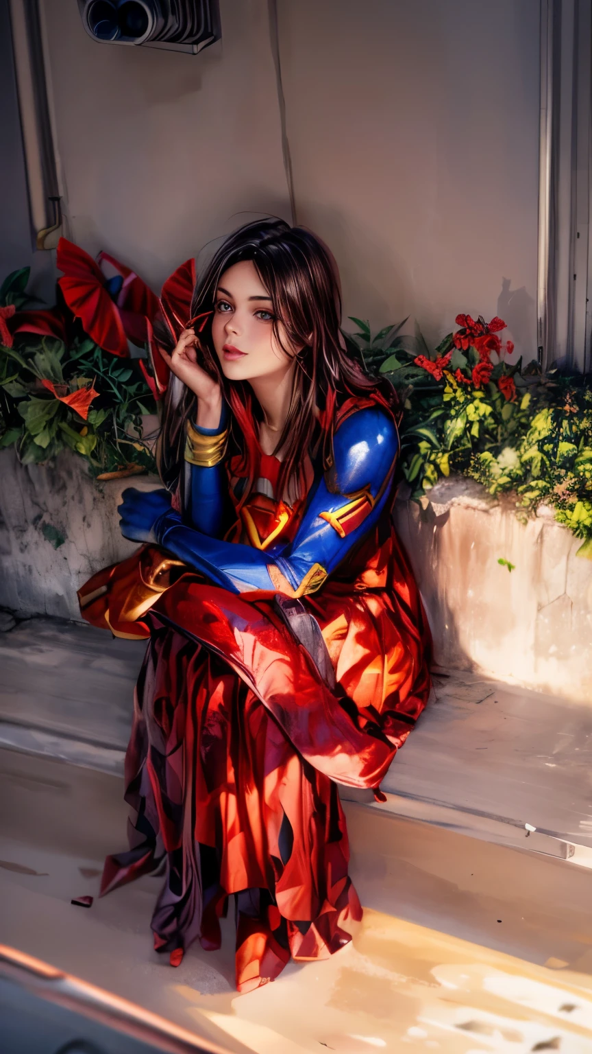 motor irreal:1.4,UHD,La mejor calidad:1.4, fotorrealista:1.4, textura de la piel:1.4, obra maestra:1.8, hermosa mujer con grandes pechos vestido de disfraz de Supergirl,minifalda corto, top corto, Fire apocalyptic city,(cabello rojo largo:1.4), (ropa rasgada:1.4),detailed:1.4,(Supergirl:1.4)