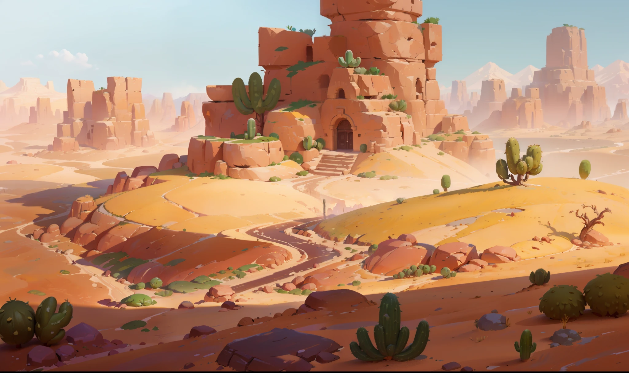 there is a desert scene with a cactus and rocks, background art, painted as a game concept art, stylized concept art, background artwork, desert environment, desert background, digital painting concept art, painterly concept art, sand and desert environment, concept art style, rocky desert, 2d concept art, desert wasteland, environment painting, scenery game concept art