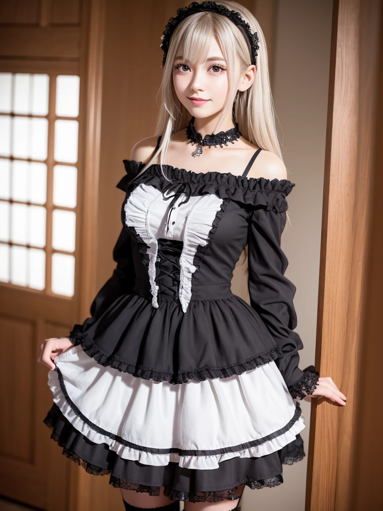 (8K, Photorealistic, Raw photo, of the highest quality: 1.3), (1girl in), Super beautiful, (Realistic face), (boyish, Silver Color Berry Shorthair), Beautiful , Glare that captivates the viewer, Beautiful expression, Beautiful breasts, (Realistic skin), Be...Super high quality, super high definition, super detailed, masterpiece, 20years old, female, cute, perfect face, beautiful, gothic lolita clothes, gothic lolita fashion, frilly skirt, headdress, necklace, bracelet, knee-high socks, boots, double eyelids, tear bags, Detailed down to the fingers, photo-like description, indoors, dim indoor lighting, blonde hair, semi long, standing, whole body, composition that shows the whole body, smiling