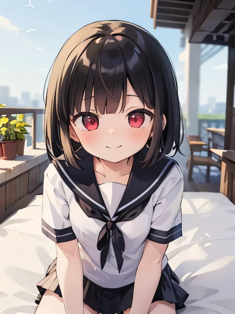 masterpiece, highest quality, 1 girl, alone,  sailor suit,mini skirt, outdoor, red eyes,smile, blush,black hair bob,On a pink bed,sexy face,Cheeky smirk,mischief