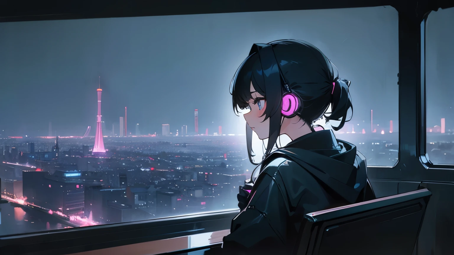 masterpiece、Ultra high definition、very detailed、highest quality、one girl、((detailed facial expressions))、relax、Chillout、late night、modern city、Brilliant neon、vivid night view、A quiet city at night、(headphone)、black hair、back view