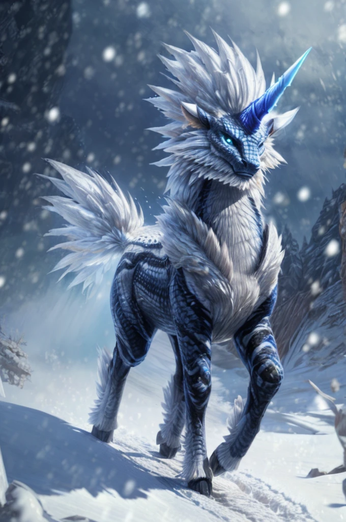 Furry art, beautiful furry art, masterpiece,breathtaking, one kirin walking in a snow montain, sparkles, thunders, snowstorm, kirin from monster hunter,(by pixelsketcher), cinematic, epic quality, scales, white fur, one blue horn, slim, 4 hooves, slim tail 