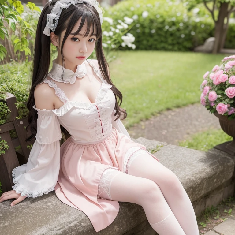 best quality, masterpiece, lifelike, 1 girl, alone, eternal, black hair, Long curly hair, blunt bangs, Smile, pink skirt, pink lolita dress, layered skirt, Lolita style long skirt,Layered dress lace-trimmed skirt, decorate, lace, long sleeve, puff sleeves, wide sleeves, Transparent sleeves, hair accessories, in the flower garden, flower, Detailed background,  delicate face，pink blush，White knee-length socks, Pink shoes，cold，Lots of lace，((​masterpiece))、(top quality)、8K、high detail、super detailed、 21 years old female，wearing pink lolita dress((dreamy atmosphere:1.1))、Seductive and whimsical style、​masterpiece、born、Scenes resembling fairy tale illustrations、intricate details show the ruffles and intricate designs of the lolita gown、capricious、 beautifully、Dream aesthetics、「𝓡𝓸𝓶𝓪𝓷𝓽𝓲𝓬、ethereal、charming、fickle、magic」、realism、Visual effects、FXAA、SSAO、shader、voiceless、environmental lighting、Tone mapping、High resolution、ultra high definition、megapixel、(8K resolution:1.10)、8K、8K resolution、high detail、intricate details、 (high quality:1.2、​masterpiece:1.2、:1.21)、(21 years old female:1.21)、(Smile excitedly)、(Surrounded by the dreamy atmosphere of an amusement par color lolita dress、Her eyes were full of surprise and joy、I took a lot of geek photos、High heel、Model diagram，full-body shot，Knee-high white的 lace socks,Sweet Lolita，Normal 2 feet，Pink shoes，Baotou shoes，full-body shot，Don&#39;t expose your fingers，Emphasize the volume of the skirt，exposed，huge breasts，The skirt flew up，低胸exposed，hair accessories，big skirt dress，If you shoot from a certain angle you can see my panties，The skirt floated up