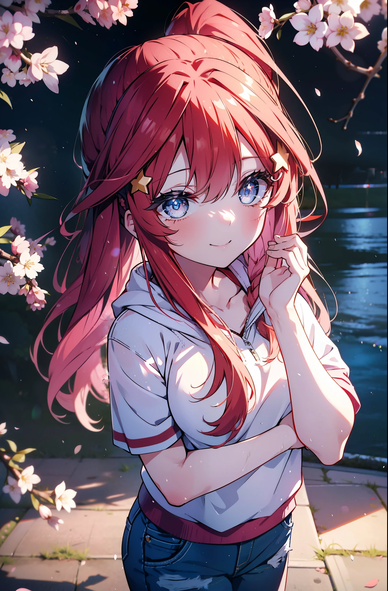 itsukinakano, itsuki nakano, bangs, blue eyes, hair between eyes, Ahoge, redhead, star \(symbol\), hair ornaments, star hair ornaments,short braided hair,Ponytail happy smile, smile, open your mouth,happy smile, smile, open your mouth,Red short sleeve hoodie,short denim pants,Black high top sneakers,cherry blossoms are blooming,Cherry blossoms are scattered,Cherry blossom tree-lined path,walking,
break outdoors, 公園
break looking at viewer,whole body, (cowboy shot:1.5),
break (masterpiece:1.2), highest quality, High resolution, unity 8k wallpaper, (figure:0.8), (detailed and beautiful eyes:1.6), highly detailed face, perfect lighting, Very detailed CG, (perfect hands, perfect anatomy),
