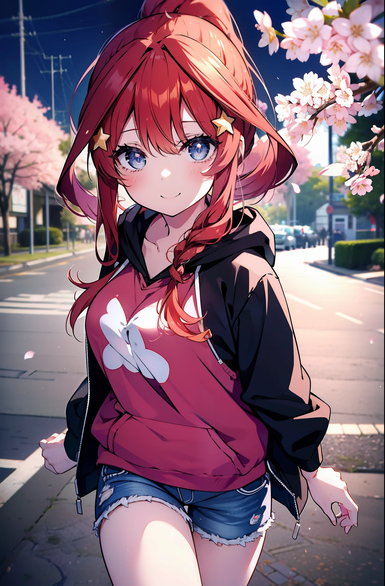 itsukinakano, itsuki nakano, bangs, blue eyes, hair between eyes, Ahoge, redhead, star \(symbol\), hair ornaments, star hair ornaments,short braided hair,Ponytail happy smile, smile, open your mouth,happy smile, smile, open your mouth,Red short sleeve hoodie,short denim pants,Black high top sneakers,cherry blossoms are blooming,Cherry blossoms are scattered,Cherry blossom tree-lined path,walking,
break outdoors, 公園
break looking at viewer,whole body, (cowboy shot:1.5),
break (masterpiece:1.2), highest quality, High resolution, unity 8k wallpaper, (figure:0.8), (detailed and beautiful eyes:1.6), highly detailed face, perfect lighting, Very detailed CG, (perfect hands, perfect anatomy),