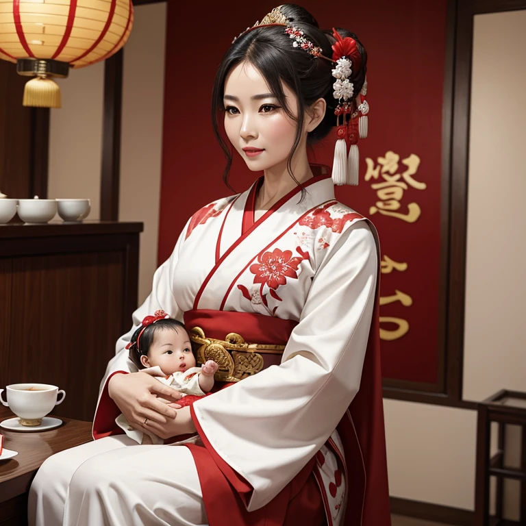 Woman in her 50s looks Asian ceremonial clothing with decoration in her hair red cloth belt white with red kimono with a baby in her hand looking straight at the viewer background of Chinese tea shop