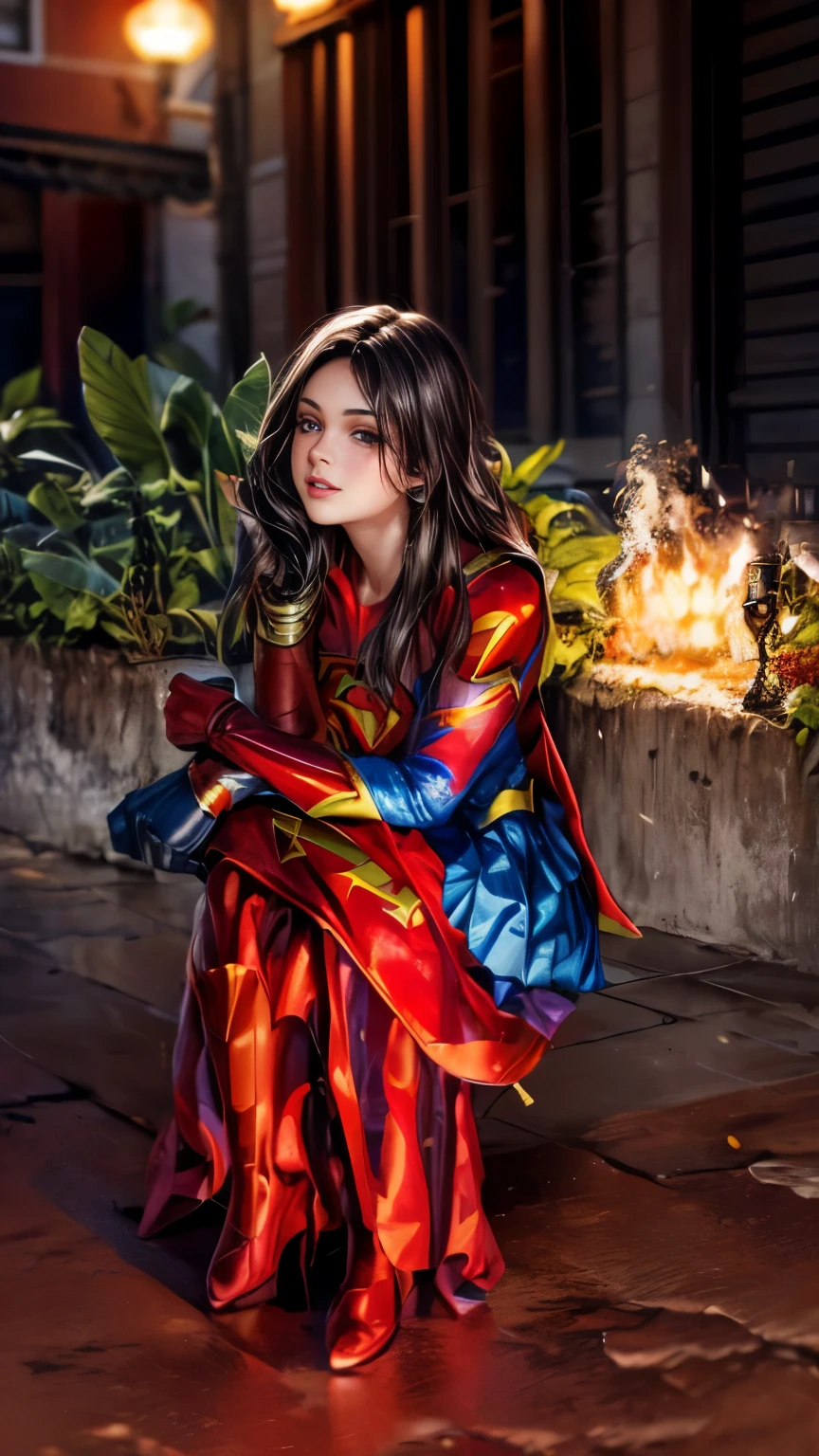 motor irreal:1.4,UHD,La mejor calidad:1.4, fotorrealista:1.4, textura de la piel:1.4, obra maestra:1.8, hermosa mujer con grandes pechos vestido de disfraz de Supergirl,minifalda corto, top corto, Fire apocalyptic city,(cabello rojo largo:1.4), (ropa rasgada:1.4),detailed:1.4,(Supergirl:1.4)