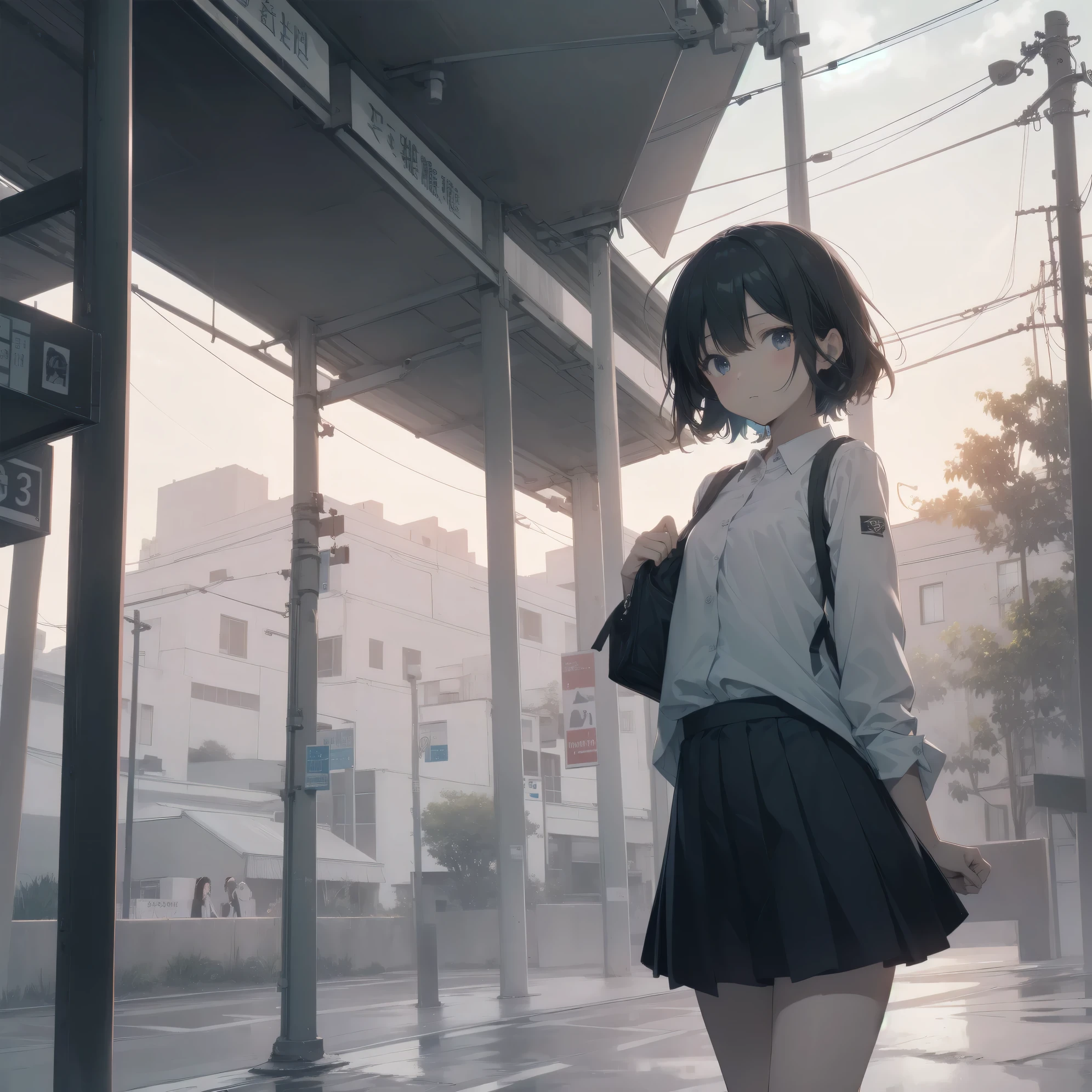ultra-absurdres-Top quality by artist God, ultra-detailed, high resolution, anime moe artstyle, best anime 8k konachan wallpaper, pixiv contest winner, perfect anatomy,break, 1girl, (Please draw a girl walking sleepily to school alone. )break,(Solo,little female, 13-year-old:1.3),Full limbs, complete fingers,a junior high school student, Attractiveness of immature bodies, (very short hair), short cut, flat chest, , small butt, small black eyes, beautiful detailed eyes, well-proportioned iris and pupils, expressive eyes, highres detailed hair, soft expression, school_uniform, white shirt, pleated skirt,(Detailed Lighting), (Detailed background), in the School commute route. break,super detailed skin, Best cinematic lighting powered by famous artist, 8k,beauty illustration,photoshop_(medium),very aesthetic,break,((artist:ito noizi )), artist:akinashi yuu ,artist:oyari ashito ,artist:kantoku ,