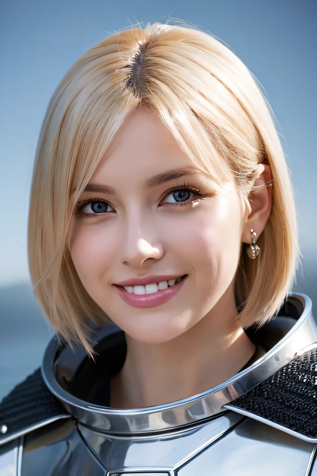 8K、highest quality、female knight、The background is a castle、Luxurious Silver Armor、hairstyle short cut、smile、beautiful teeth、full body photo、ear piercing、blonde、white woman、blue eyes、The background is a cloudy sky、heavy makeup、Knight helmet covering the head