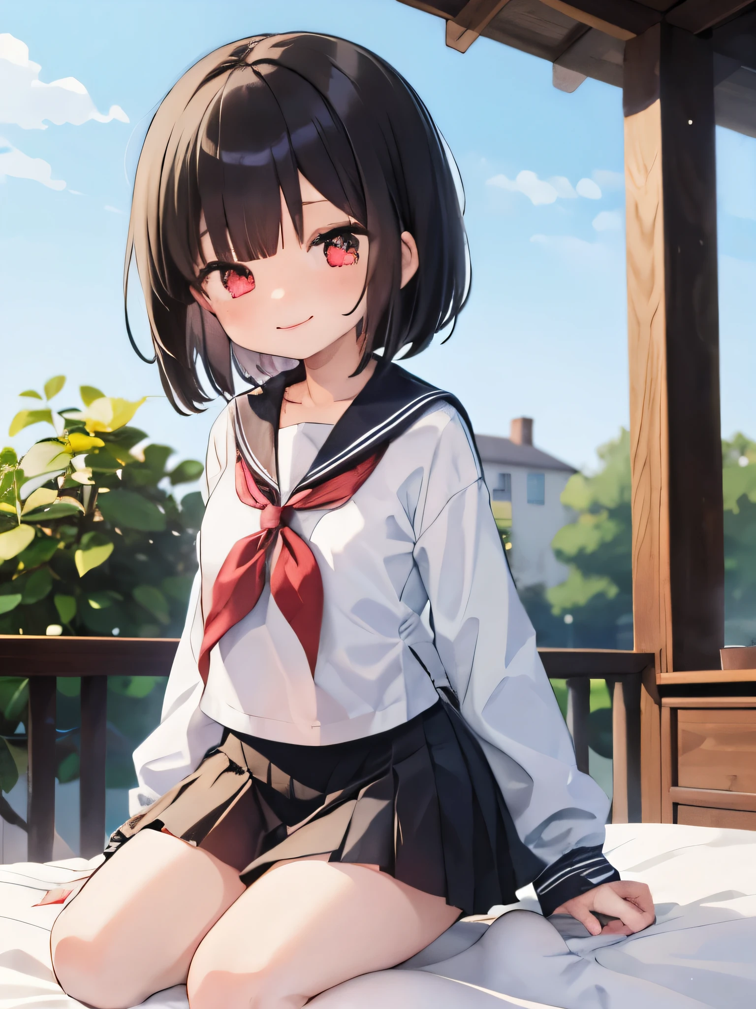 masterpiece, highest quality, 1 girl, alone, sailor suit,mini skirt, outdoor, red eyes,smile, blush,black hair bob,On a pink bed,sexy face,Cheeky smirk,mischief