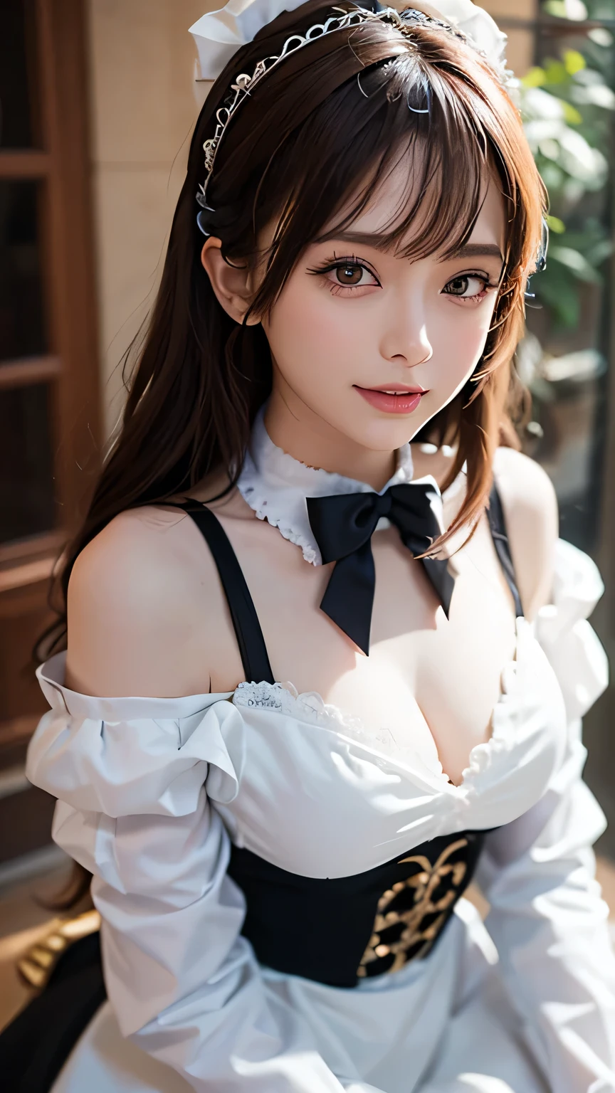 Beautiful white and shining skin、Chestnut hair that changes depending on the light、long bangs between the eyes that obstruct vision、cheek gloss highlight、Sexy and very beautiful lovely gorgeous face、the most beautiful face in the world、short bob、smooth straight hair、medium breasts、beautiful breasts、cleavage、big and bright eyes、beautiful bangs、Beautiful and beautiful woman、small face beauty、golden ratio、natural smile、headdress、white blouse、black ribbon、puff sleeves、collar、choker、white apron with small frills、Black Maid Costume、beautiful thighs、