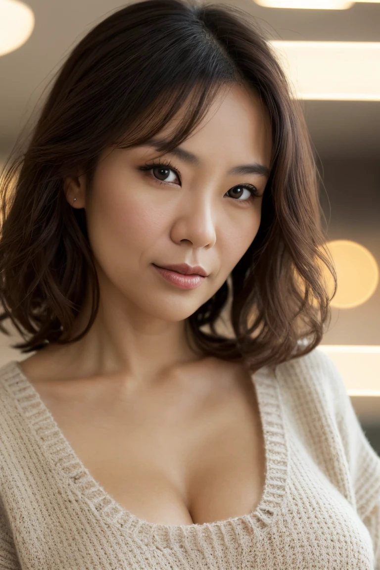 Portrait of a middle-aged Taiwanese woman, 40 years old, cute face, Slim, Tortitz, (big sagging:1.1), huge nipples, wear (Sexy sweater:1.2), Bokeh background, Simple background, (highly refined skin:1.0), (masterpiece:1.2) (lifelike:1.2) (Bokeh) (best quality) (intricate details) (8K) (high dynamic range) (analog film) (canon d5) (movie lighting) (sharp focus),In department stores,big curly hair