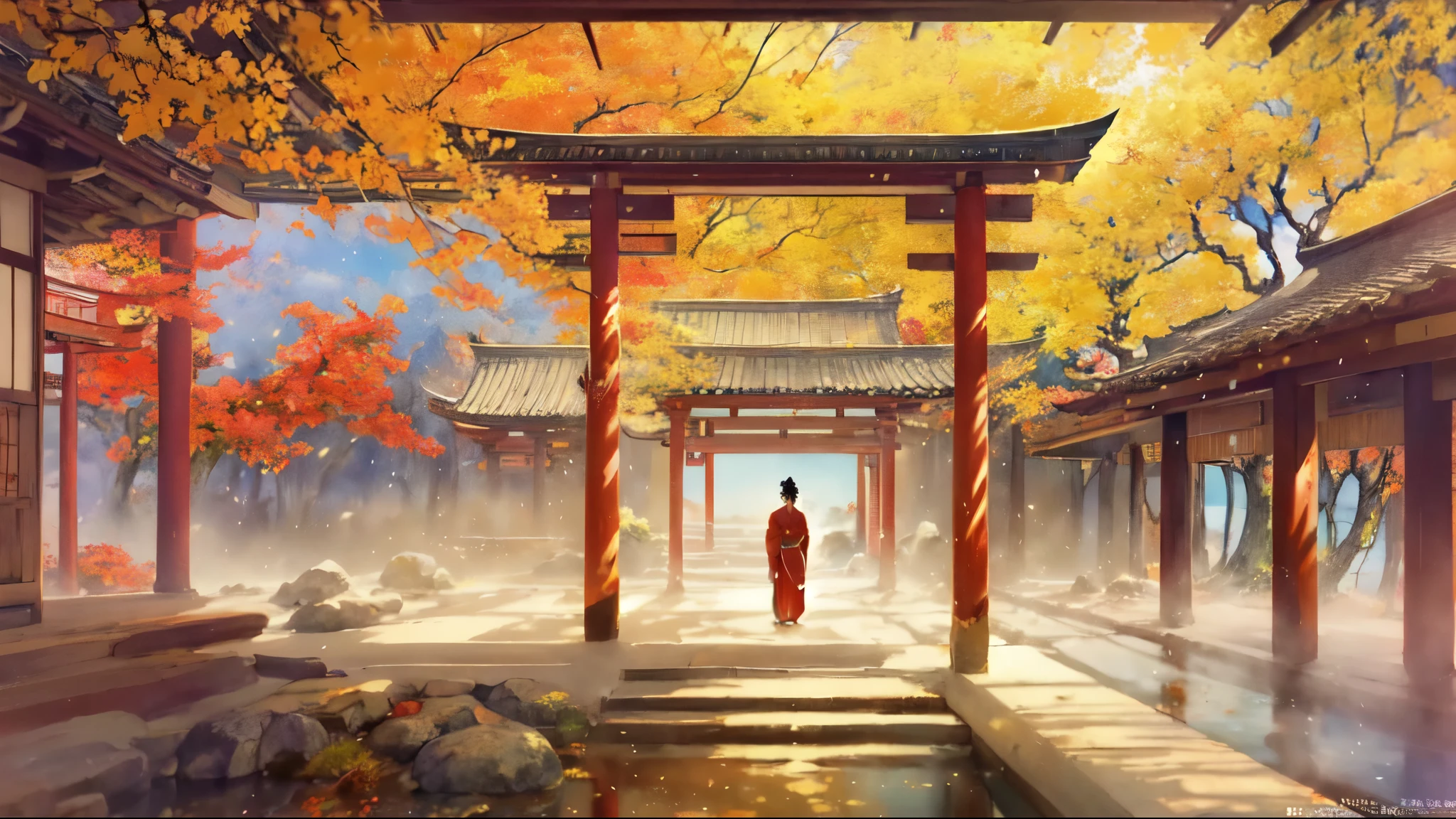 beautiful anime scenes, vivid japanese landscapes, japanese vfx, japonism 3d 8k ultra detailed, anime beautiful peace scenes, beautiful digital artwork, warm and beautiful scenery, japanese traditional colors, visually stunning scenes, red kimono, empress of autumn, japanese fantasy, on kyoto Inspired, Mix of anime style and Fujifilm