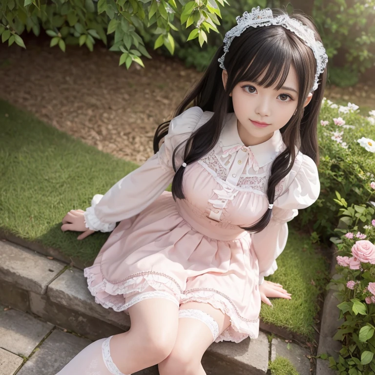 best quality, masterpiece, lifelike, 1 girl, alone, eternal, black hair, Long curly hair, blunt bangs, Smile, pink skirt, pink ta dress, layered skirt, Lolityle long skirt,Layered dress lace-trimmed skirt, decorate, lace, long sleeve, puff sleeves, wide sleeves, Transparent sleeves, hair accessories, in the flower garden, flower, Detailed background, delicate face,pink blush,White knee-length socks, Pink shoes,cold,Lots of lace,((masterpiece))、(top quality)、8K、high detail、super detailed、 21 years old female,wearing pink lolita d((dreamy atmosphere:1.1))、Seductive and whimsical style、masterpiece、born、Scenes resembling fairy tale illustrations、intricate details show the ruffles and intricate designs of the lolita gown、icious、 beautifully、Dream aesthetics、「𝓡𝓸𝓶𝓪𝓷𝓽𝓲𝓬、ethereal、charming、fickle、magic」、realism、Visual effects、FXAA、SSAO、shader、voiceless、environmental lighting、Tone mapping、High resolution、ultra high definition、megapixel、(8K resolution:1.10)、8K、8K resolution、high detail、intricate details、 (high quality:1.2、masterpiece:1.2、:1.21)、(21 years old female:1.21)、(Smile excitedly)、(Surrounded by the dreamy atmosphere of an amusement par color lolita dress、Hers were full of surprise and joy、I took a lot of geek photos、High heel、Model diagram,full-body shot,Knee-high white的 lace socks,Sweet Lolita,Normal 2 feetk shoes,Baotou shoes,full-body shot,Don't expose your fingers,Emphasize the volume of the skirt,exposed,huge breasts,The skirt flew up,低胸exposed,hair accessories,big skirt dress,If you shoot from a certain angle you can see my panties,The skirt floated up
