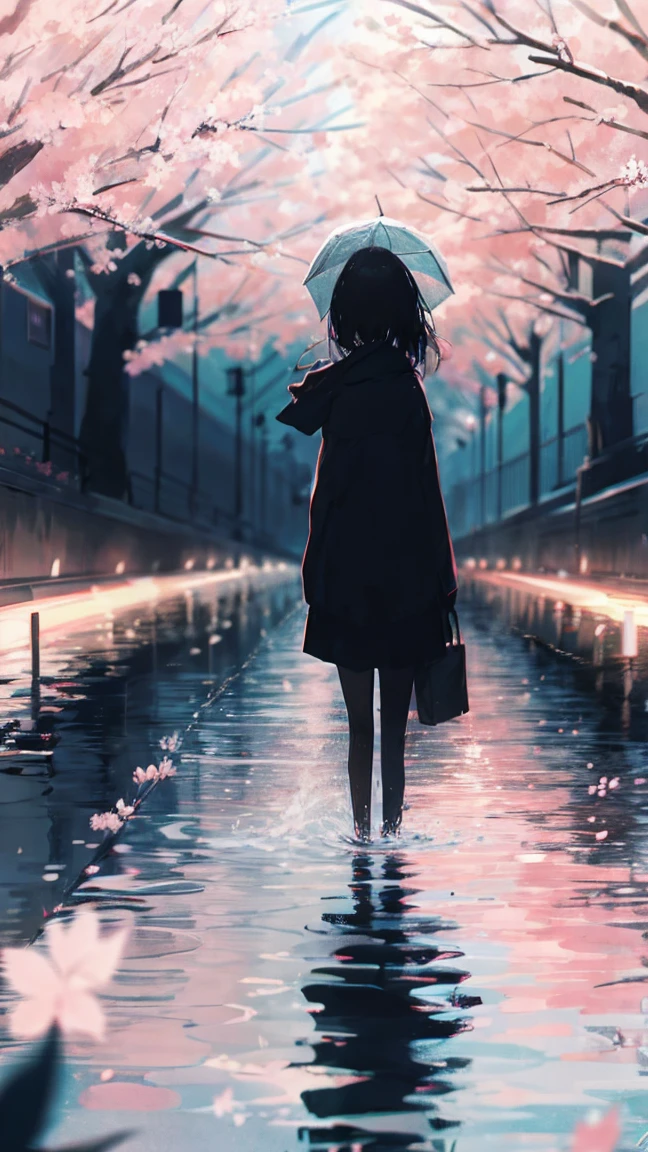 Product illustration of a girl in the rain,cherry blossoms