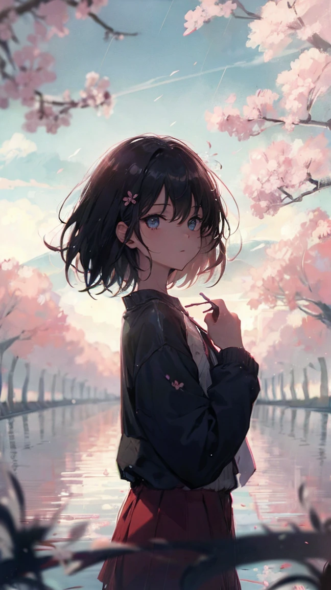 Product illustration of a girl in the rain,cherry blossoms