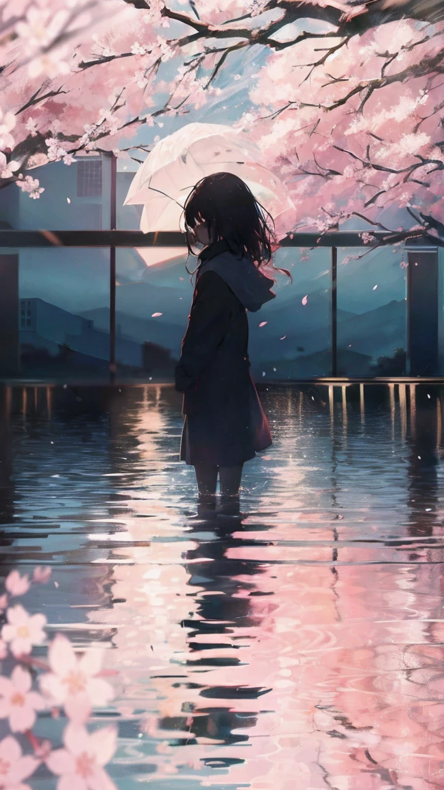 Product illustration of a girl in the rain,cherry blossoms